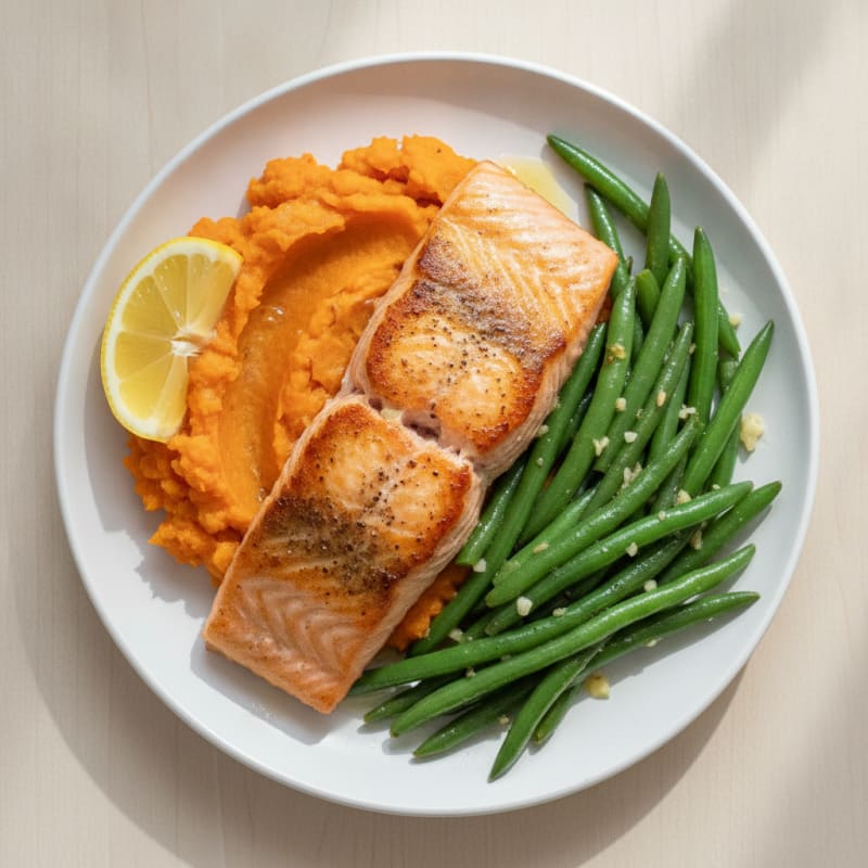 Seared Salmon with Garlic Green Beans and Sweet Potato Mash