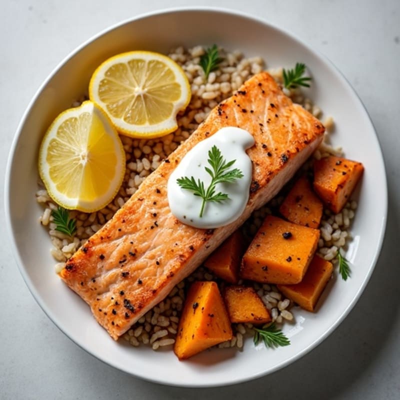 Seared Salmon with Citrus Rice and Roasted Sweet Potato