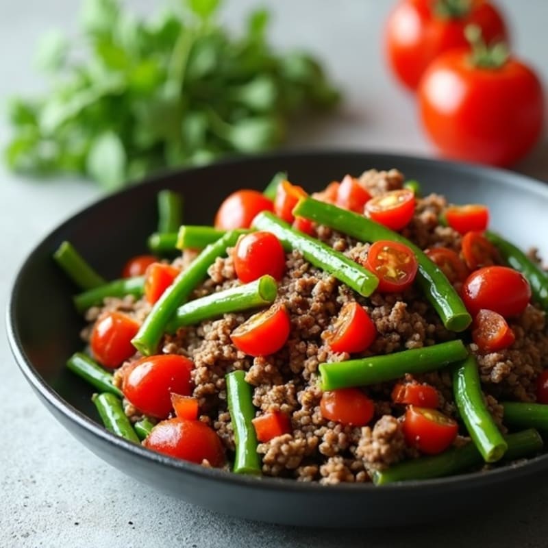 Lean Ground Beef and Garlic Tomato Skillet with Green Beans