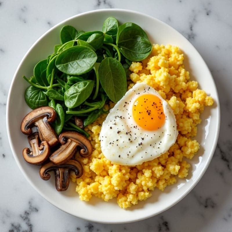 Cottage Cheese Egg Scramble with Spinach and Sautéed Mushrooms