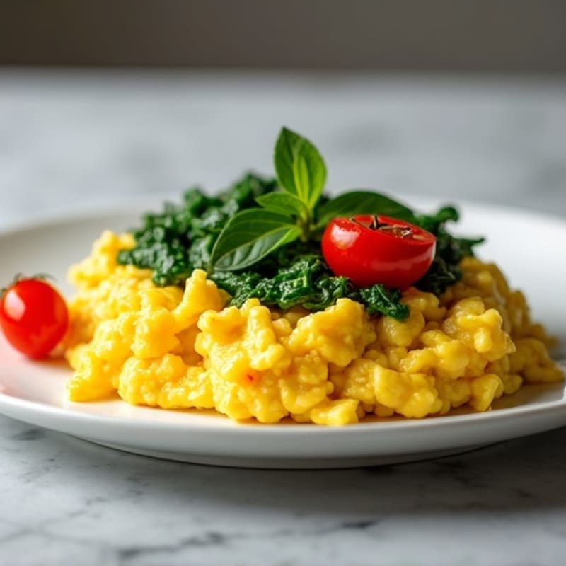 Fluffy Scrambled Eggs with Sautéed Spinach and Cherry Tomatoes