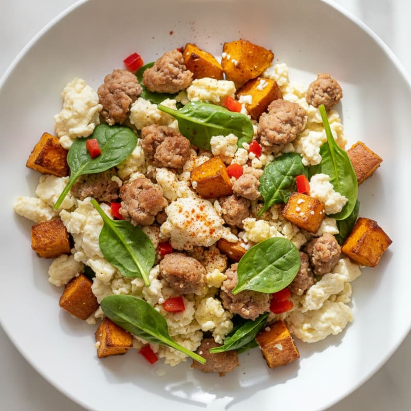 Egg White and Turkey Sausage Scramble with Roasted Sweet Potatoes