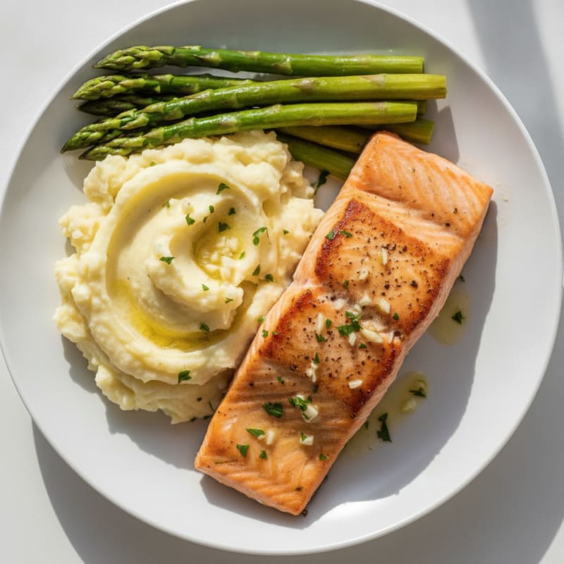 Seared Salmon with Steamed Asparagus and Garlic Mashed Potatoes