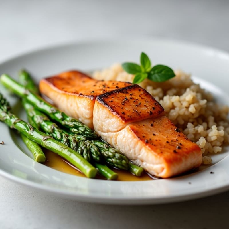 Seared Salmon with Steamed Asparagus and Brown Rice