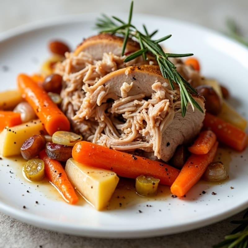 Savory Slow Cooked Shredded Pork Loin with Roasted Root Vegetables