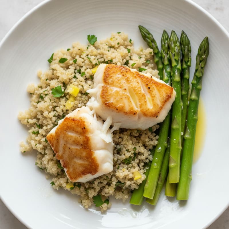 Seared Cod with Steamed Asparagus and Lemon Herb Quinoa