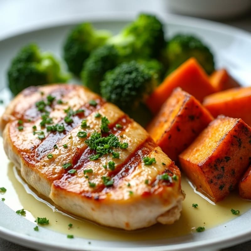 Grilled Chicken Breast with Roasted Sweet Potatoes and Steamed Broccoli