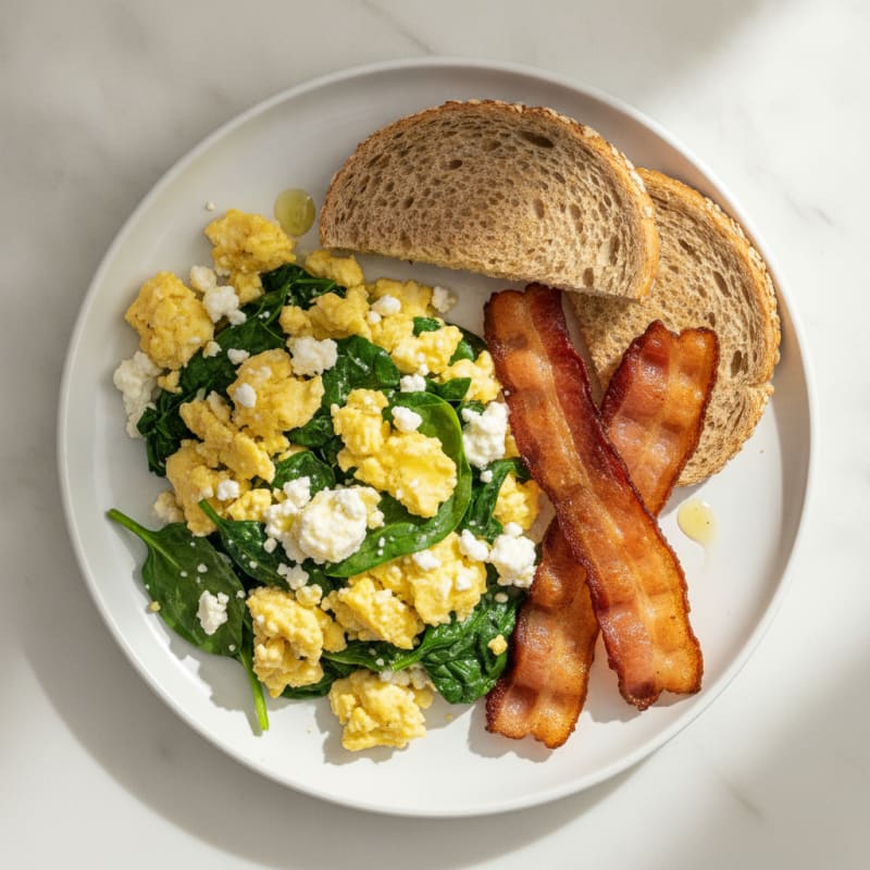 Cottage Cheese Scramble with Spinach and Turkey Bacon