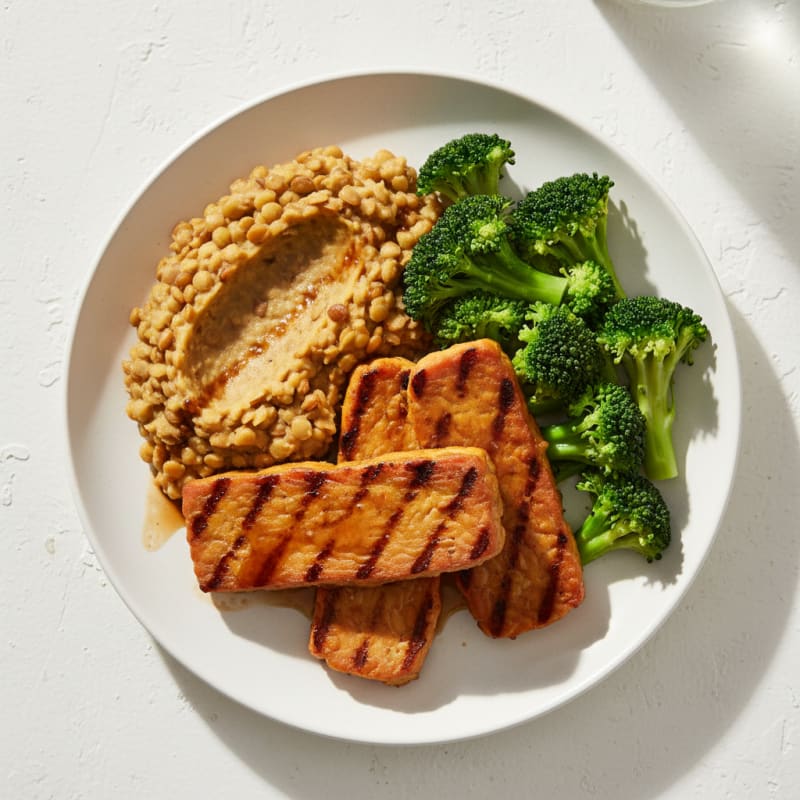 Grilled Tempeh Steaks with Steamed Broccoli and Lentil Mash