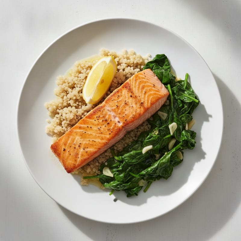 Seared Salmon with Garlic Spinach and Quinoa