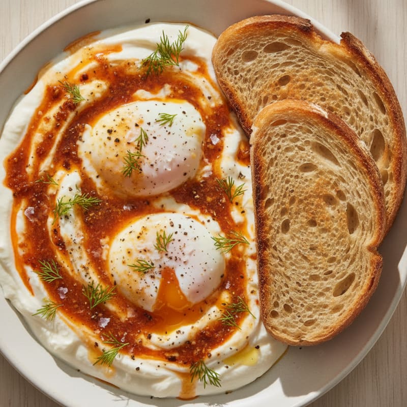 Garlic Yogurt Poached Eggs with Chili Oil