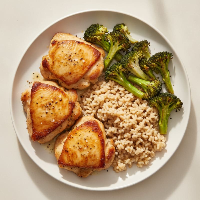 Seared Chicken Thighs with Brown Rice and Roasted Broccoli