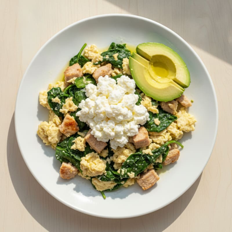 Egg White Spinach Scramble with Cottage Cheese and Sliced Turkey