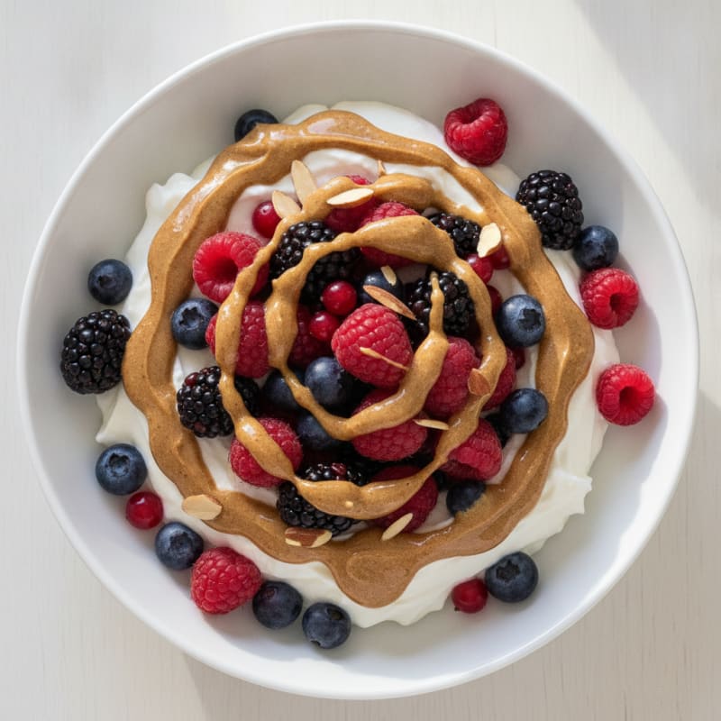 Greek Yogurt Protein Parfait with Mixed Berries and Almond Butter