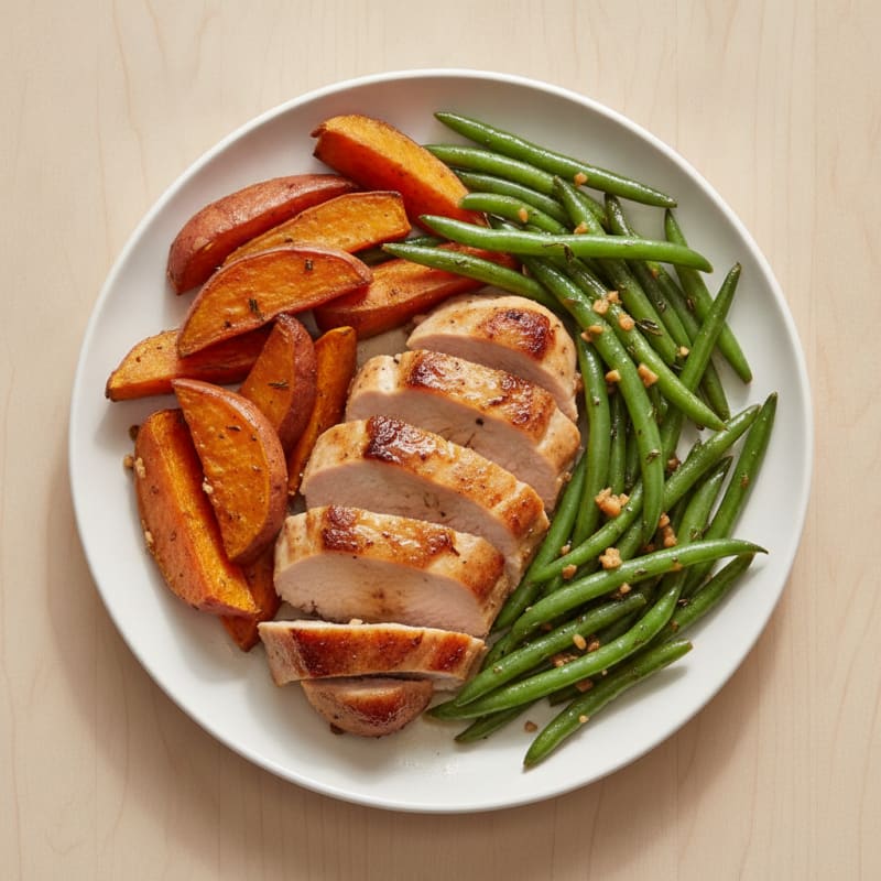 Seared Turkey Breast with Garlic Green Beans and Roasted Sweet Potato
