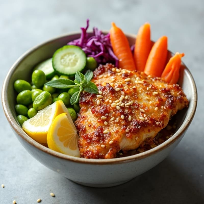 Crispy Chicken Poke Bowl with Fresh Vegetables and Zesty Dressing