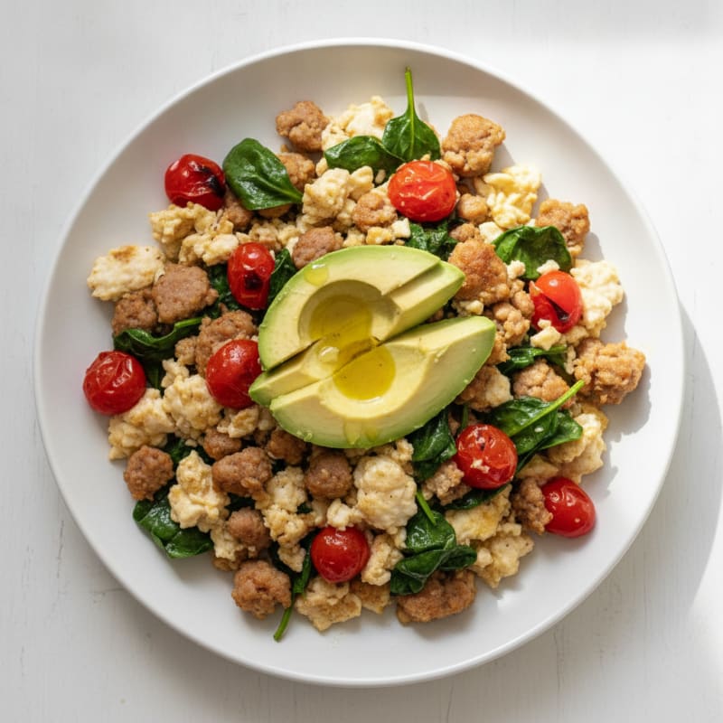 Egg White and Turkey Sausage Scramble with Spinach and Tomatoes