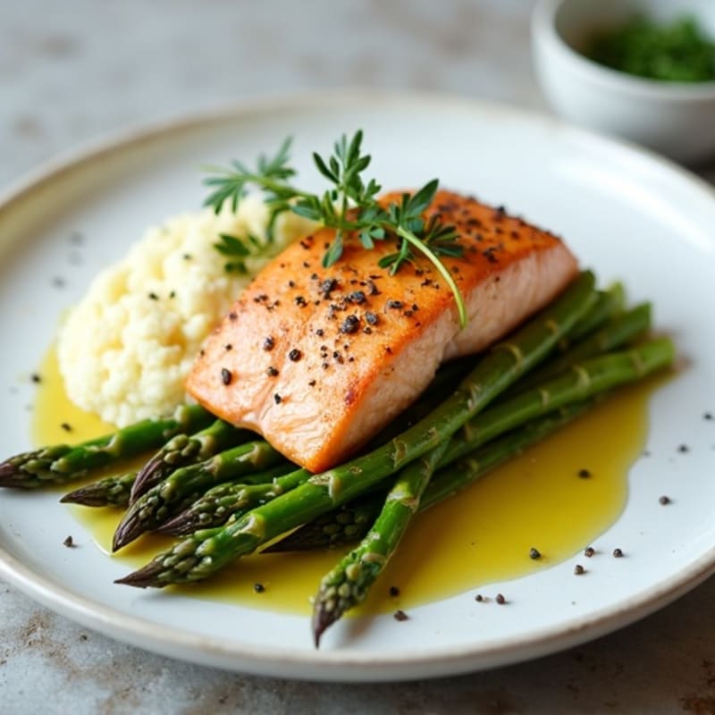 Seared Salmon with Steamed Asparagus and Cauliflower Mash