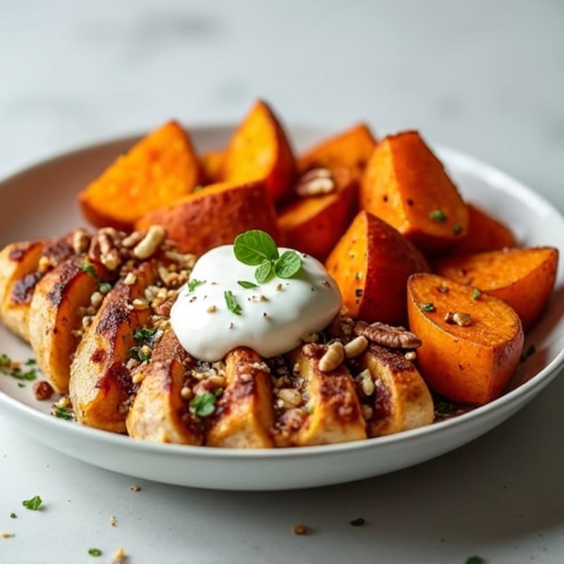 Crispy Roasted Sweet Potato Wedges with Maple Pecan Crunch and Grilled Chicken