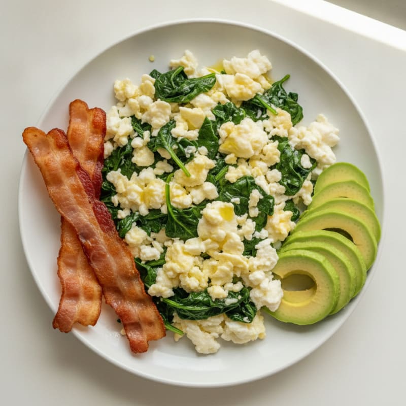 Crispy Turkey Bacon and Egg White Scramble with Sautéed Spinach
