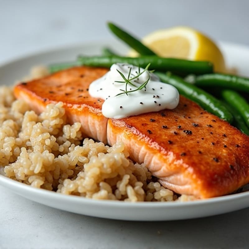 Seared Salmon Fillet with Steamed Green Beans and Brown Rice
