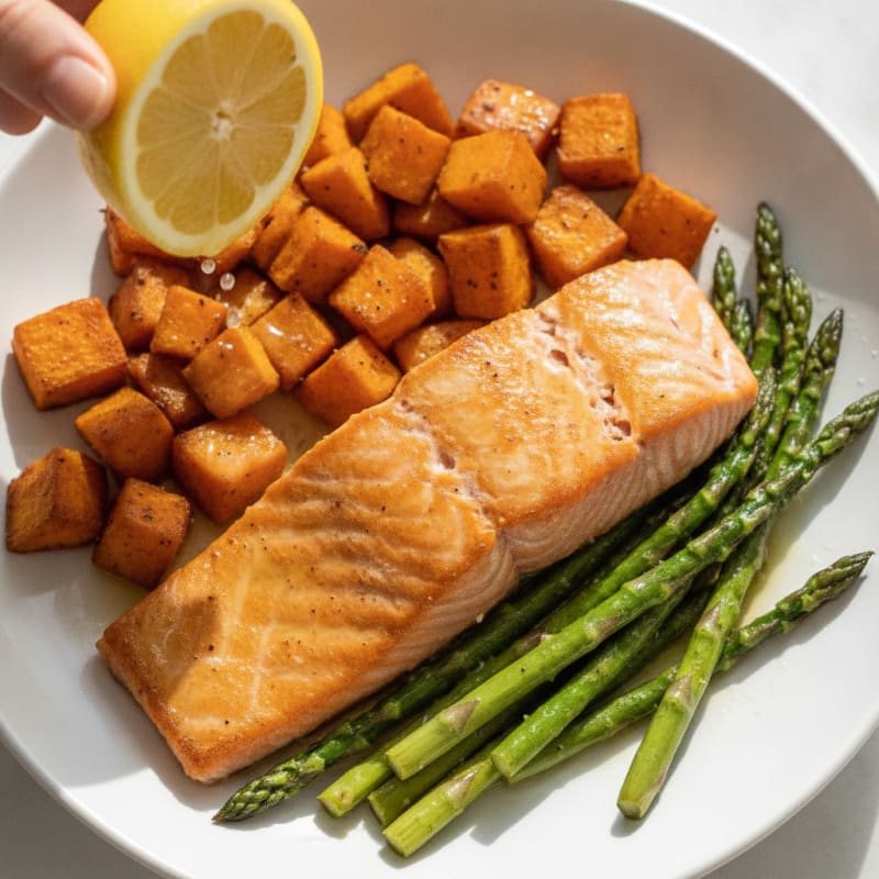 Seared Salmon with Roasted Sweet Potatoes and Asparagus