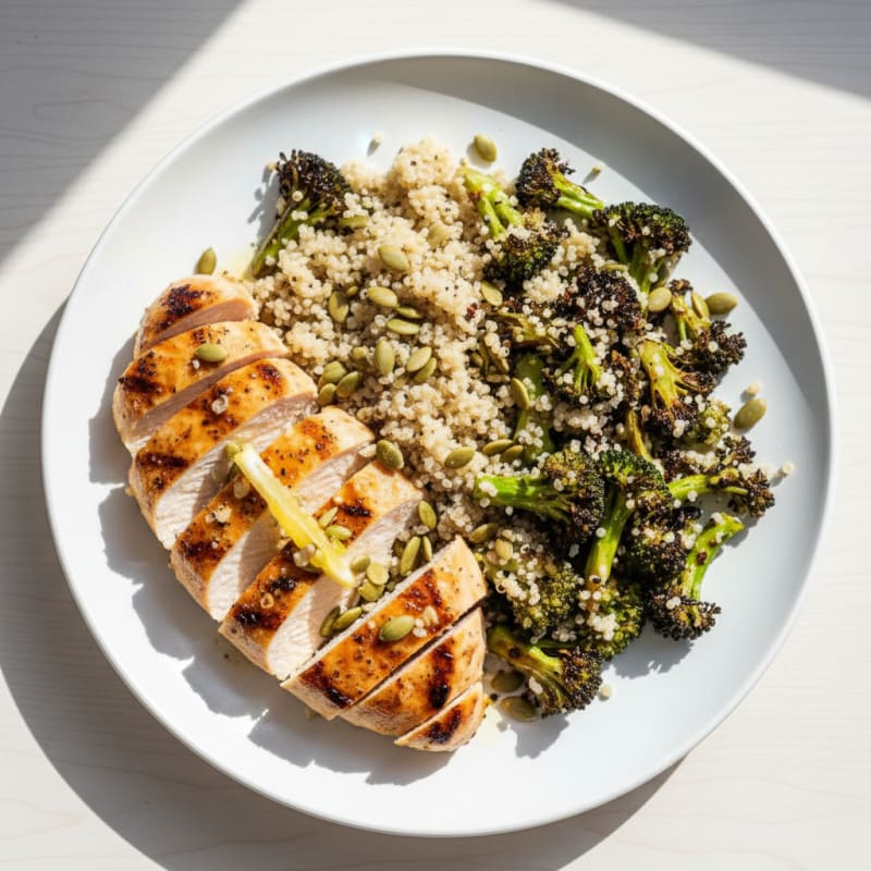 Grilled Chicken Breast with Quinoa and Roasted Broccoli Salad
