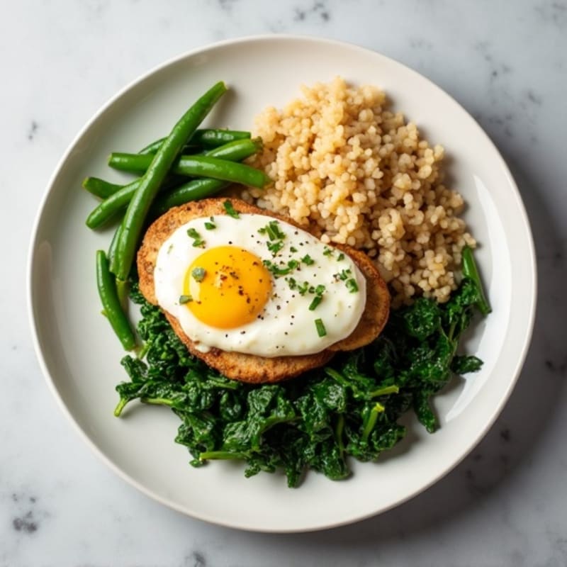 Egg White and Chicken Scramble with Sautéed Spinach and Green Beans with a Side of Brown Rice