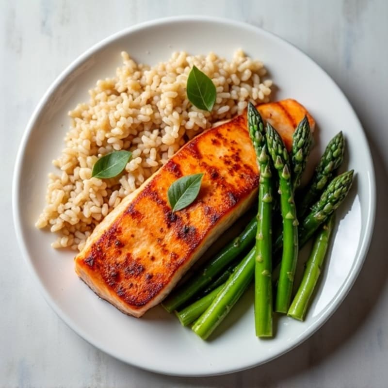 Seared Salmon Filet with Steamed Asparagus and Brown Rice