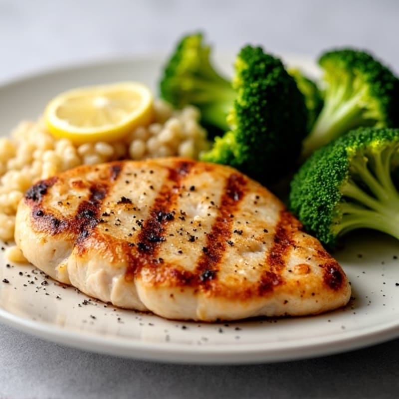 Grilled Chicken Breast with Roasted Broccoli and Quinoa