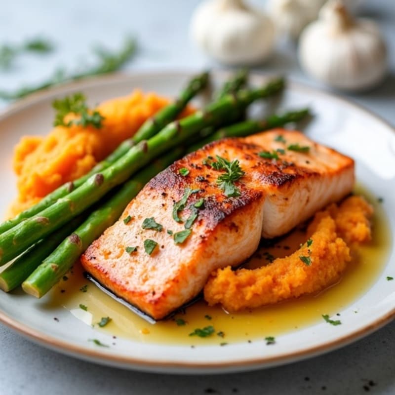 Seared Salmon with Roasted Asparagus and Sweet Potato Mash