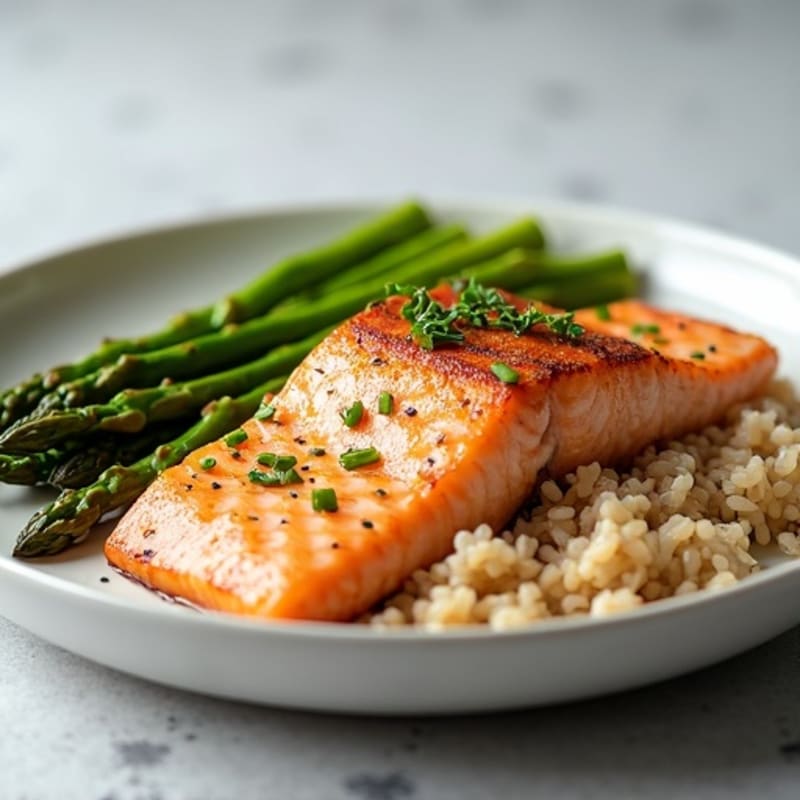 Seared Salmon with Steamed Asparagus and Brown Rice