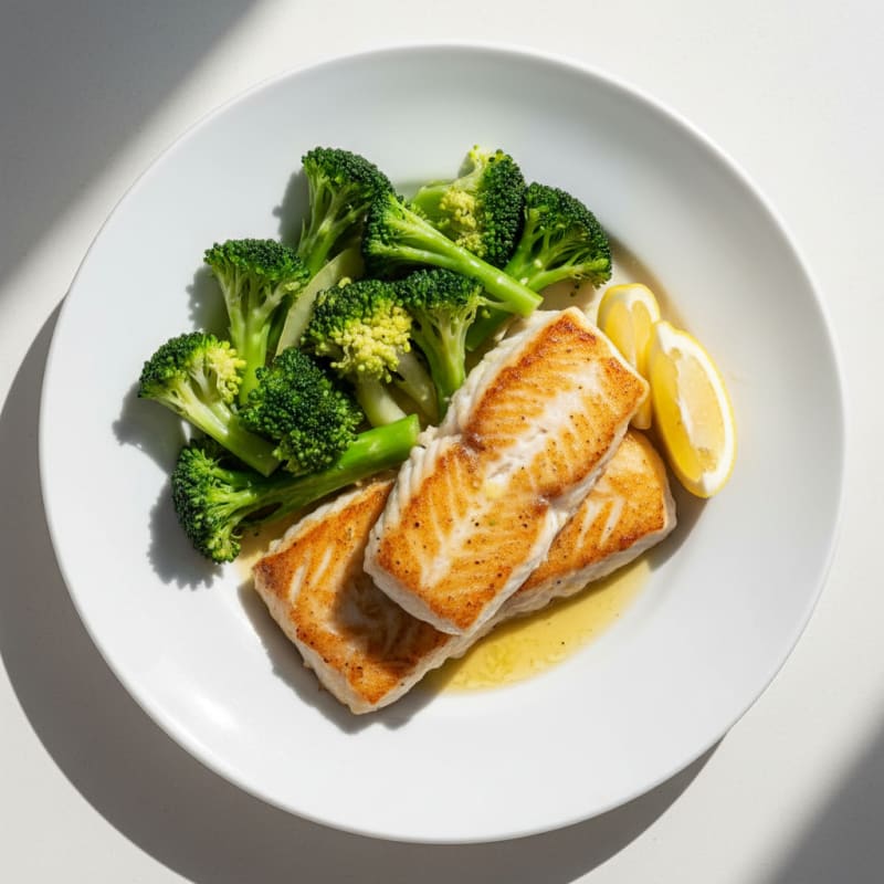 Seared Cod Fillet with Steamed Broccoli and Lemon