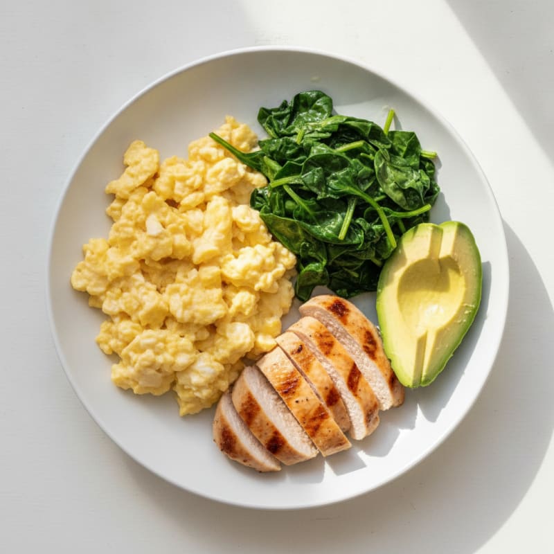 Creamy Scrambled Eggs with Sautéed Spinach and Grilled Chicken Breast