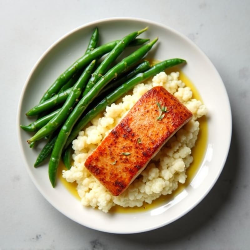 Seared Salmon with Steamed Green Beans and Garlic Mashed Cauliflower