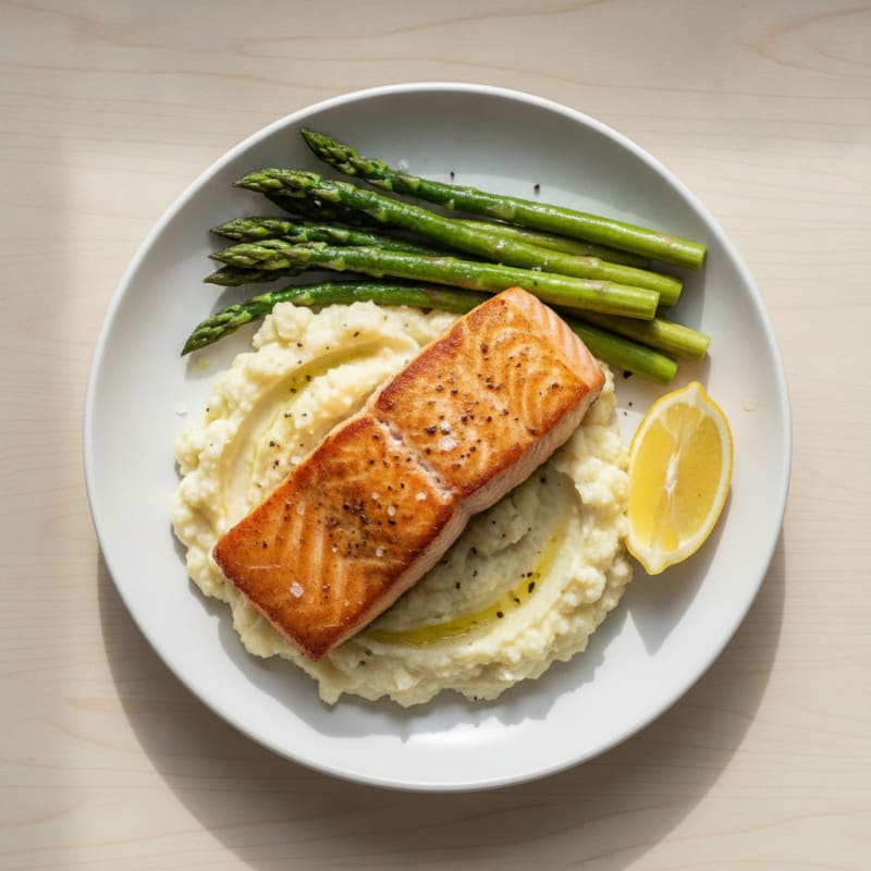 Seared Salmon with Steamed Asparagus and Garlic Mashed Cauliflower