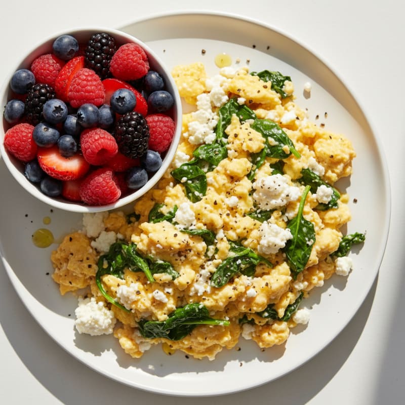 High-Protein Creamy Spinach Scramble with Fresh Berries