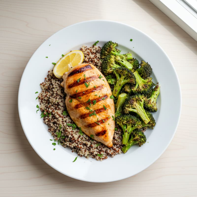 Grilled Chicken Breast with Quinoa and Roasted Broccoli