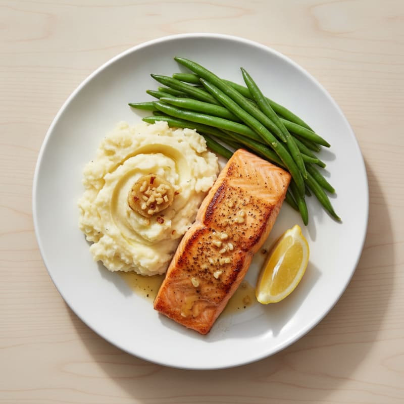 Seared Salmon with Steamed Green Beans and Garlic Mashed Potatoes