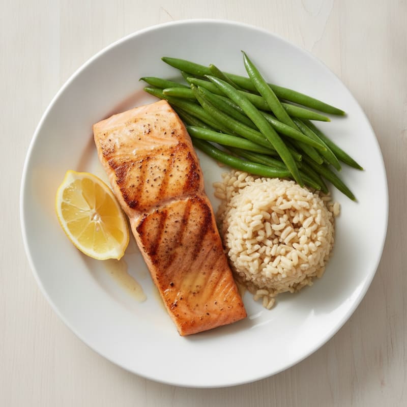 Seared Salmon Fillet with Steamed Green Beans and Brown Rice