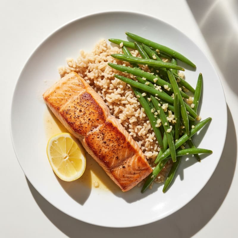 Seared Salmon Fillet with Garlic Green Beans and Brown Rice