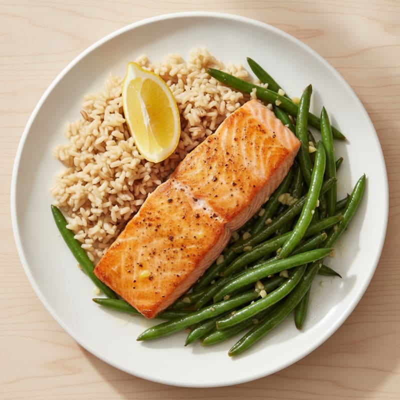 Seared Salmon with Garlic Green Beans and Brown Rice