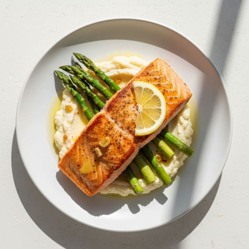Seared Salmon Fillet with Roasted Asparagus and Cauliflower Mash