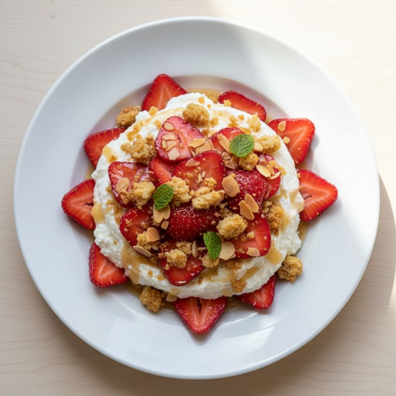Cottage Cheese Protein Mousse with Sliced Strawberries and Almond Crunch