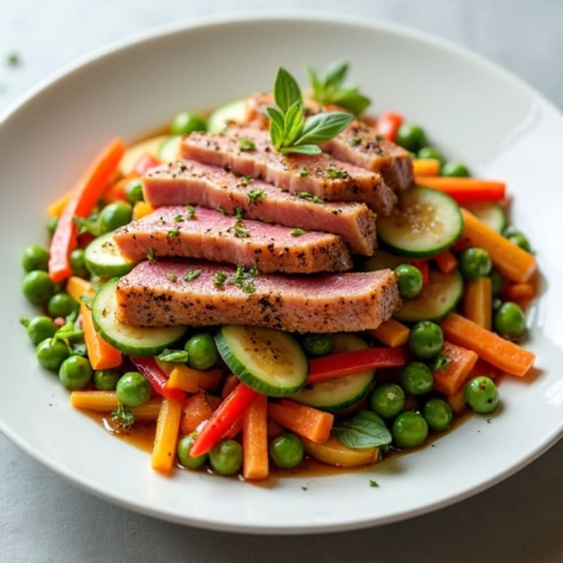 Fresh Ahi Tuna with Sesame-Ginger Dressing and Crunchy Vegetables