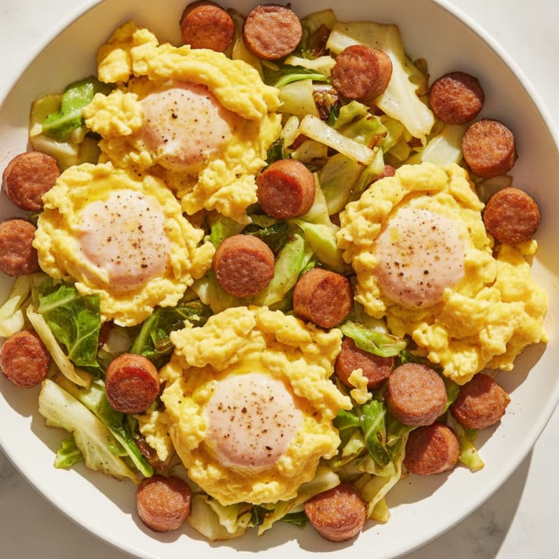 Scrambled Eggs with Sautéed Cabbage and Lean Turkey Sausage