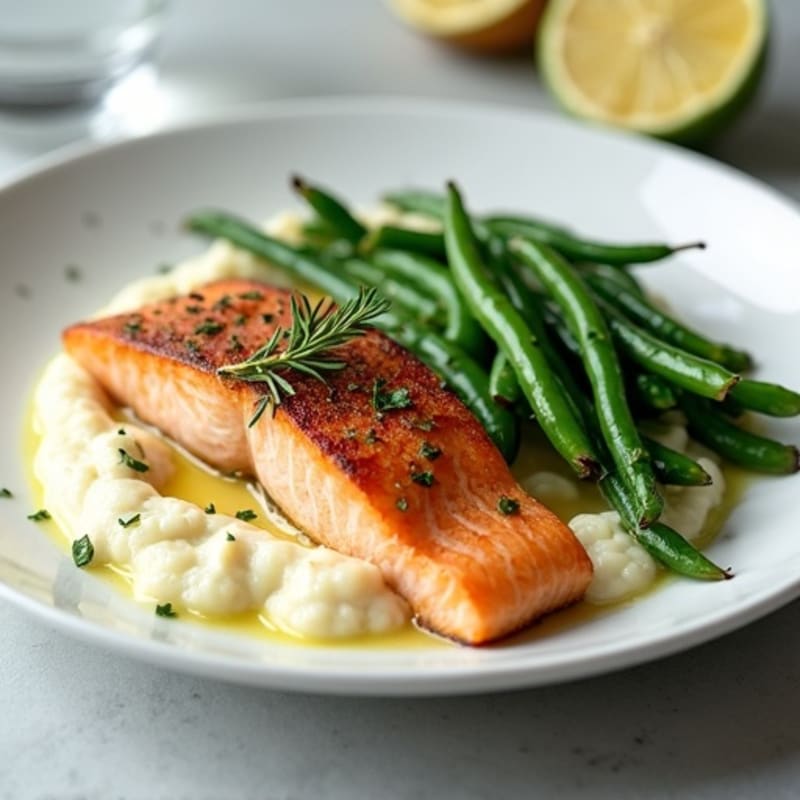 Seared Salmon with Garlic Green Beans and Cauliflower Mash