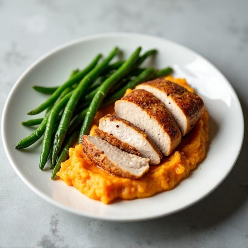 Seared Turkey Breast with Steamed Green Beans and Sweet Potato Mash
