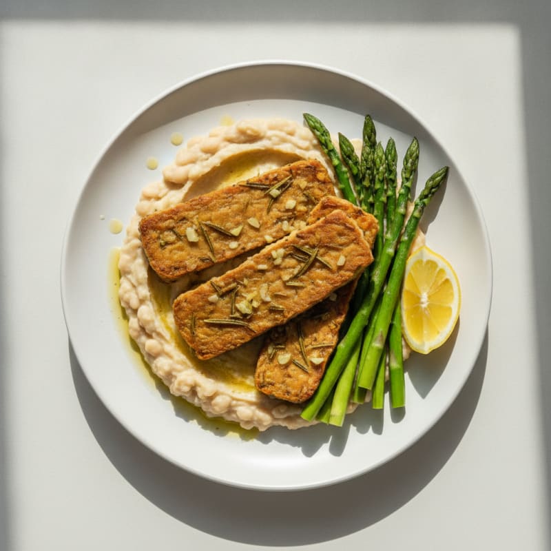 Herb-Baked Tempeh with Creamy White Bean Mash and Steamed Asparagus