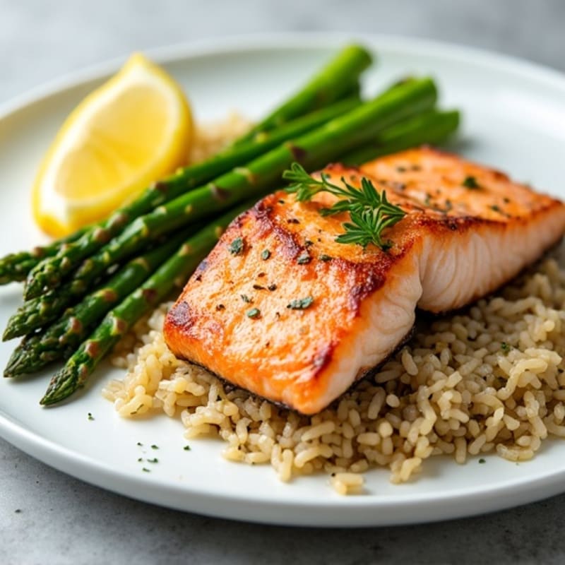 Seared Salmon with Steamed Asparagus and Lemon-Herb Brown Rice